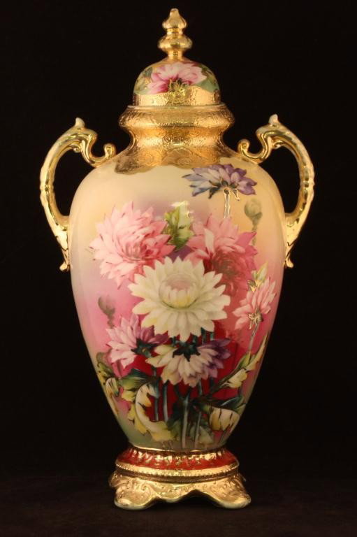 NIPPON Covered Urn: 13 1/2" tall. Floral Pattern with Gold scroll and High gloss finish. Excellent condition with minor gold loss to handles. Item Marked but unidentified.