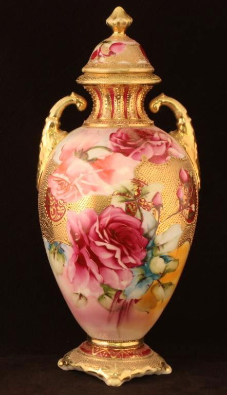 NIPPON Covered Vase: 12 3/4" tall. Large Red roses with beaded background. Excellent condition with minor gold loss to handles and finial. Mark 52.