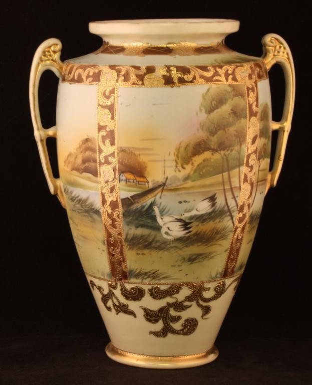 NIPPON Double Handle Vase: 11" Tall Lake scene with ducks, Excellent condidtion with gold loss to handles and top.