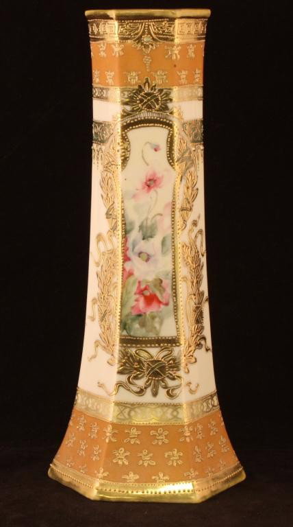 NIPPON 6 Sided Floral Vase: 12" Tall Gold scroll decoration on white background with enamel jewel. Excellent condidtion with gold loss. Mark 52.