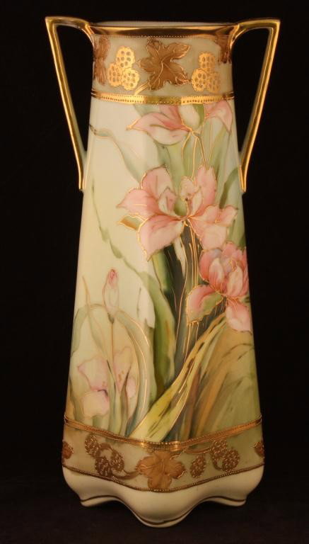 NIPPON Double Handle Floral Vase: 12" Tall, Pink Flowers with Gold outlining. Excellent condition. Mark 47