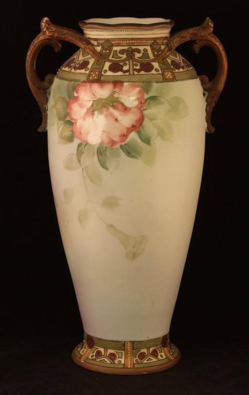 NIPPON Moriage Double Handled Vase: 11 1/2" Tall. Floral Pattern on green matted background. Excellent condition. Mark 47.
