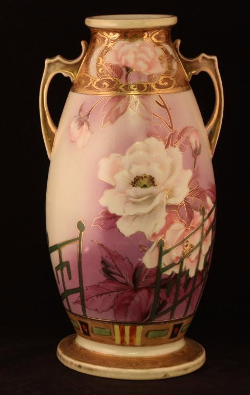 NIPPON Double Handled Vase: 12 1/4" Tall Floral Pattern High gloss background. Excellent condition to rim, handle, and base. Mark 37.