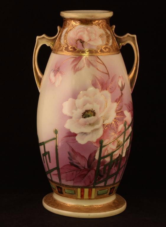 NIPPON Double Handled Vase: 12 1/4" Tall, Floral Pattern, High gloss background. Excellent condition to rim, handle, and base. Mark 37.