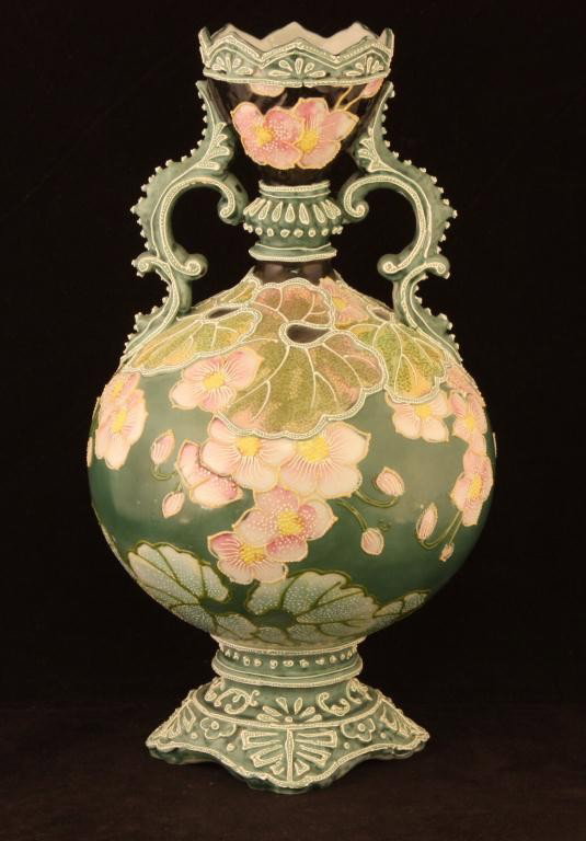 NIPPON Moriage Double Handled Vase: 11" Tall, Pink Floral on green background. Excellent condition. Unmarked.