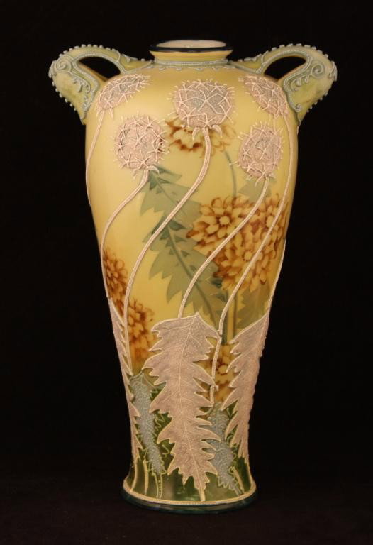 NIPPON Moriage Double Handled Vase: 9" Tall, Yellow Floral Vase. Excellent condition. Mark 52.
