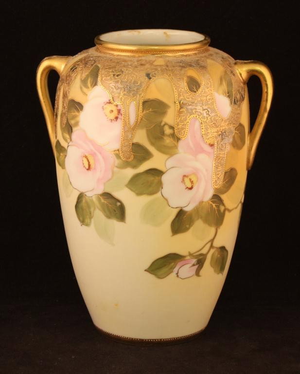 NIPPON Double Handled Vase: 7 1/12" Tall. Pink Floral with gold decoration. Excellent condition with minor gold loss. Mark 47.