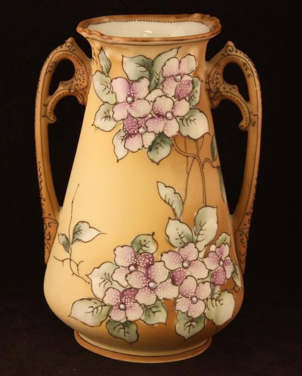NIPPON Moriage Double Handled Vase: 7" Tall. Purple Floral with jeweled centers. Excellent condition. Mark 47.