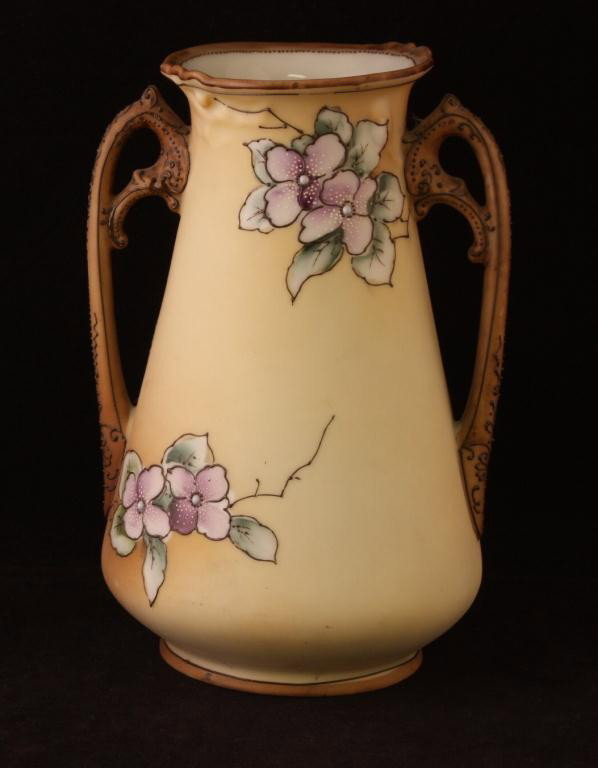 NIPPON Moriage Double Handled Vase: 7" Tall. Purple Floral with jeweled centers. Excellent condition. Mark 47