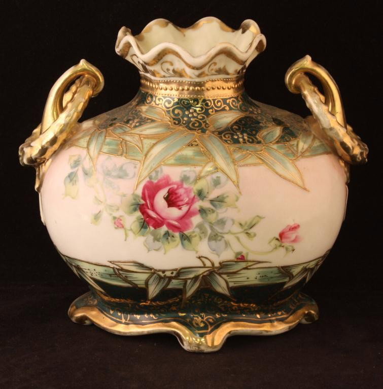 NIPPON Double Handled Loop Vase: 6 1/4" Tall. Red and pink Floral decorations. Excellent condition with gold loss to handles and top. Mark 52.