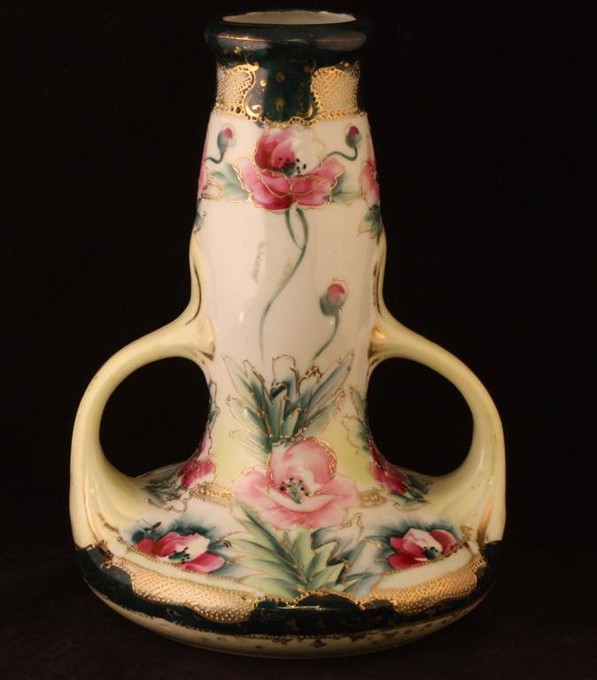 NIPPON Double Handled Vase: 9 1/4" Tall. Red and Pink Floral design. Excellent condition with minor gold loss to top. Mark 52.