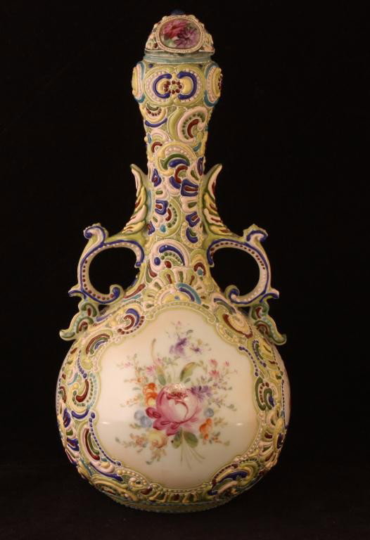 NIPPON Covered Double Handled Enamel Vase: 11" Tall. Floral pattern with medallion on front and back. Excellent condition. Unmarked