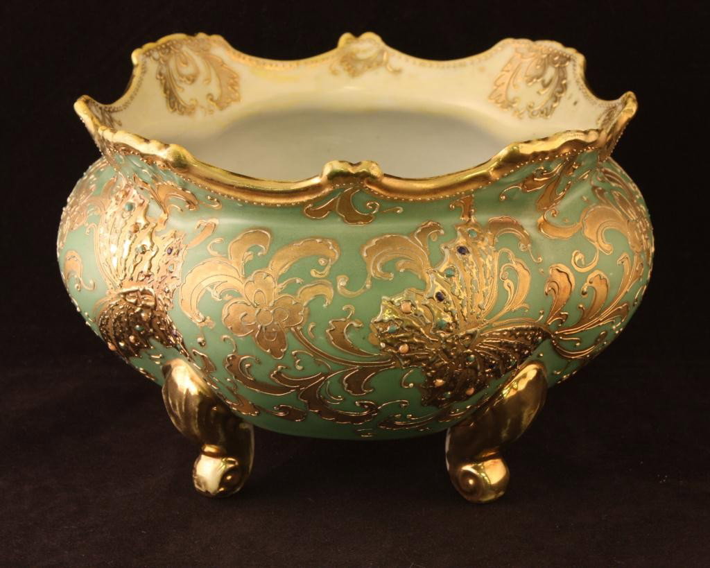 NIPPON 4 Legged Ferner: 4 3/4" Tall and 7" Across. Jeweled Butterfly pattern. Excellent condition with minor gold loss on top and feet. Mark 52.
