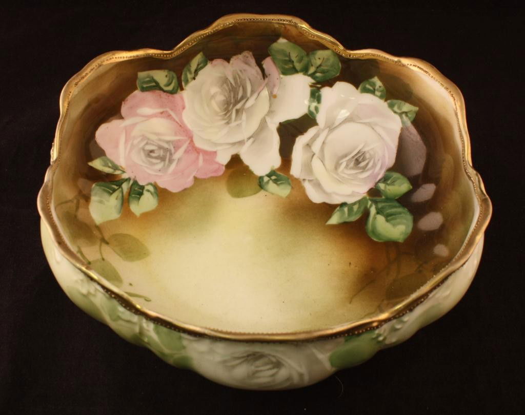 NIPPON Open Footed Bowl: 3 1/2" Tall and 8 1/2" Across. White and Pink roses with gold banding on top and base. Excellent condition with minor gold loss. Mark 47.
