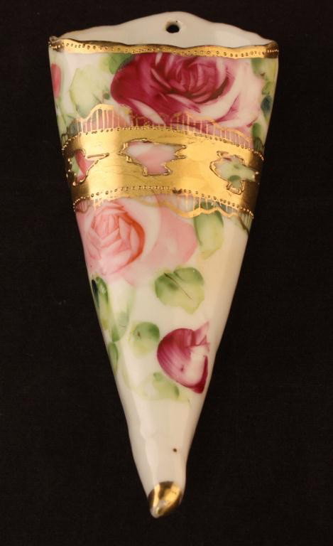 NIPPON Wall Pocket: Red and Pink Floral pattern. Excellent condition with minor gold loss. Mark 52.