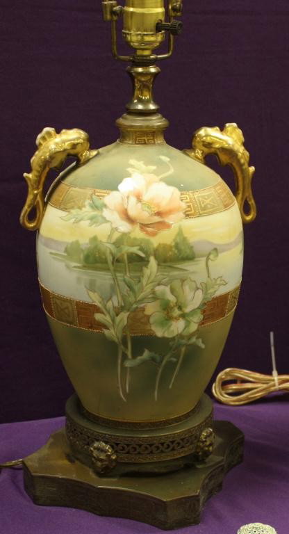 NIPPON Floral Lamp: 13 1/2" Tall including base. Seahorse handles and Floral Pattern. Factory drilled.