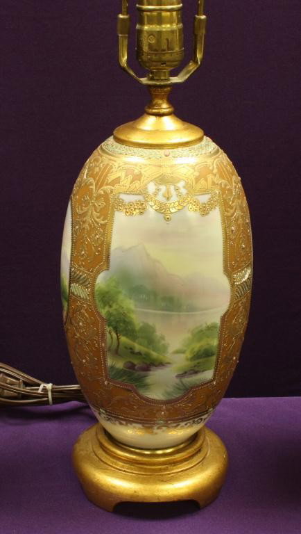 NIPPON Vase Lamp: 11 3/4" Tall. Lake Scene and jeweled with gold decoration. Factory drilled. Excellent condition.