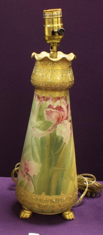 NIPPON Vase Lamp: 12" Tall. Floral and Enamel Jeweled standing on 3 clawed feet. Factory drilled. Excellent condition with minor gold loss to the top. Mark unknown.