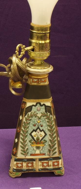 NIPPON 3 Sided Vase Lamp: 7 1/4" Tall. Enamel Jeweled. Excellent condition with minor gold loss to top rim. Mark 47