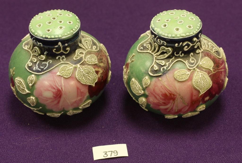NIPPON Moriage Salt and Pepper Shakers: Pink Floral pattern, Excellent condition, Cork missing, Unmarked.