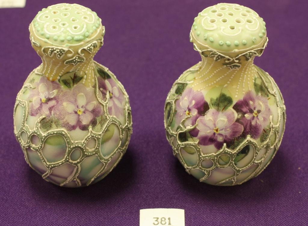 NIPPON Moriage Salt and Pepper Shakers: Floral Pattern, Excellent condition, Missing Corks, Unmarked.