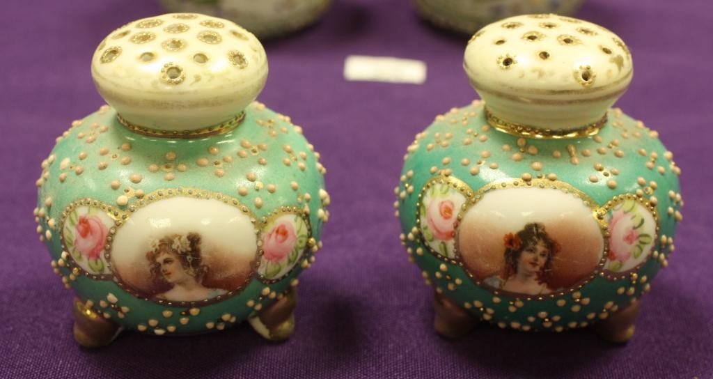 NIPPON Portrait Salt and Pepper Shakers: Enamel beading on green background. Excellent condition, Unmarked, Plate 4345 7th series