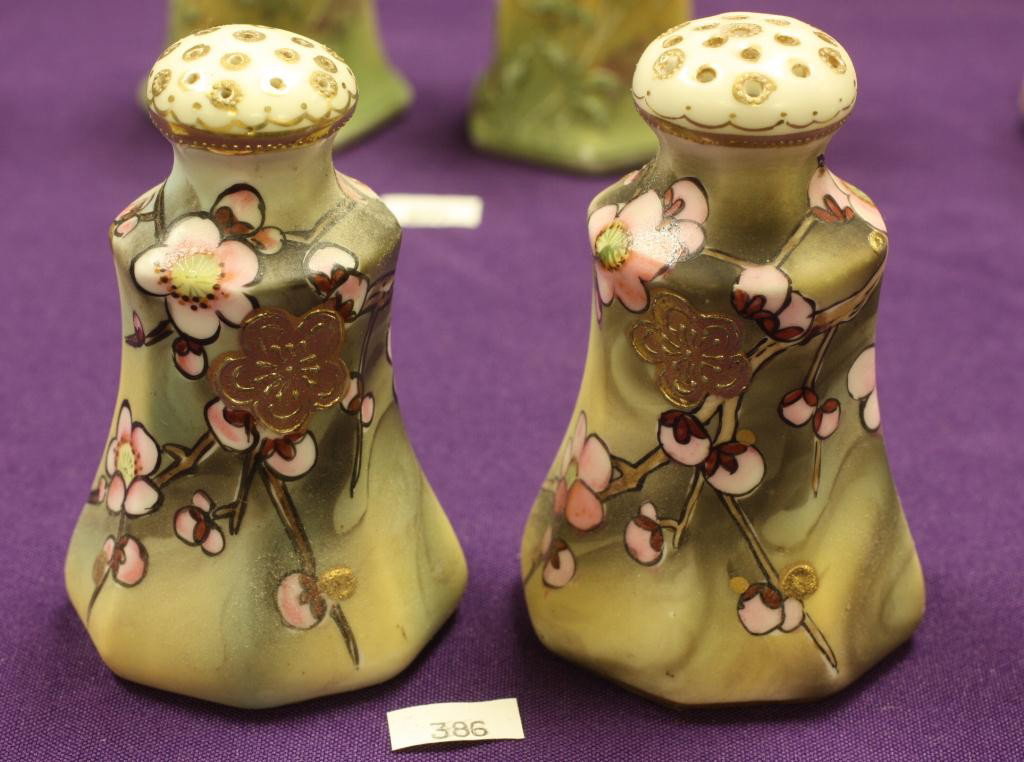 NIPPON Salt and Pepper Shakers: Pink Floral design. Excellent condition with gold loss to tops and one missing cork. Mark 47