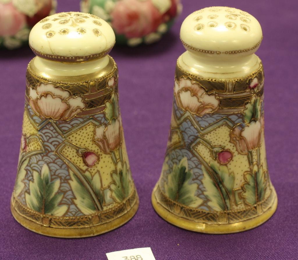 NIPPON Salt and Pepper Shakers: Floral design. Excellent condition with missing corks. Marked 52.
