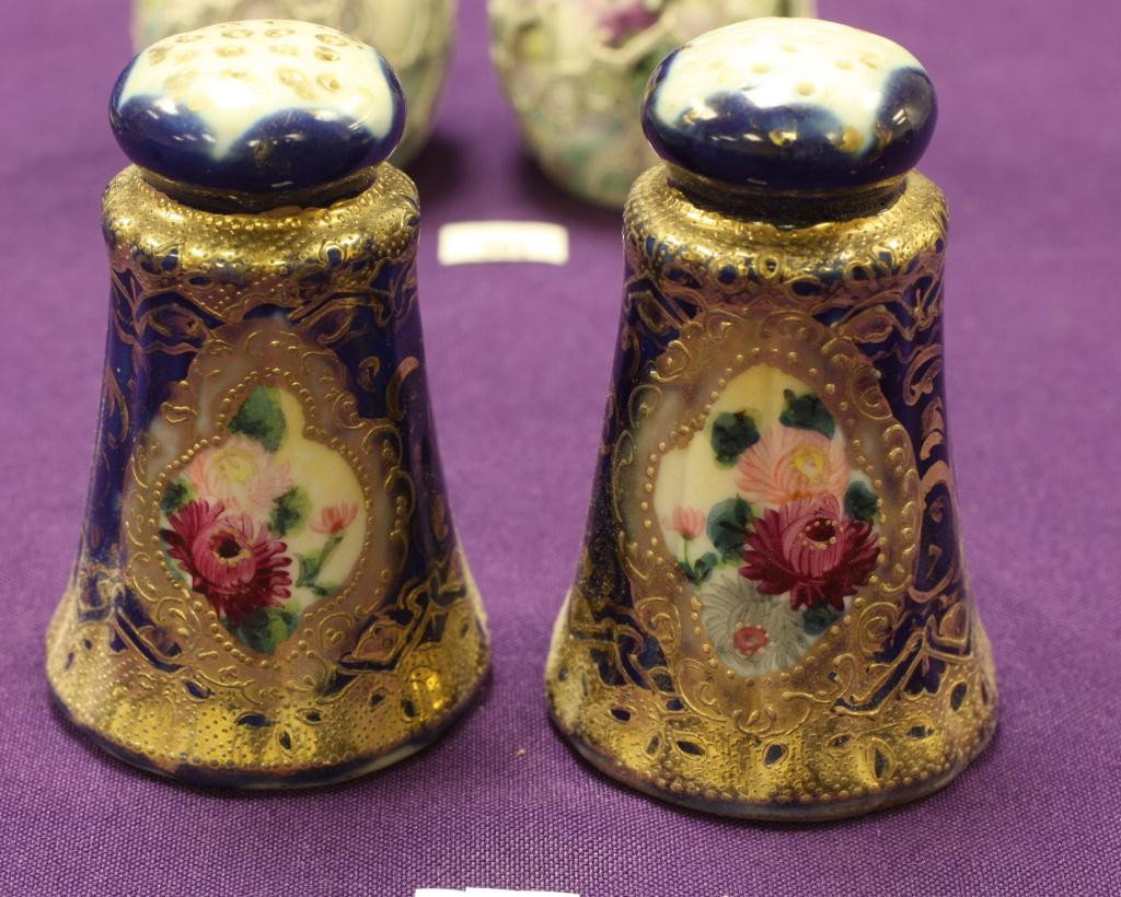 NIPPON Cobalt Salt and Pepper Shakers: Cobalt and Gold, Pink and red Floral design. Excellent condition with gold loss to tops. Corks missing. Mark 52.