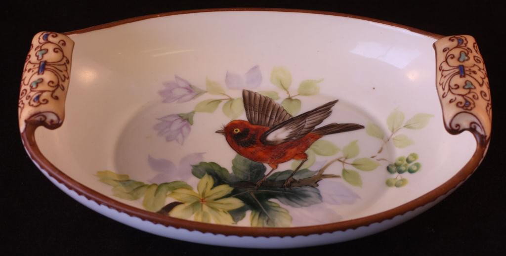 NIPPON Cardinal Bowl with Moriage Handles: 7 1/4" wide, 2 1/4" tall, excellent condition