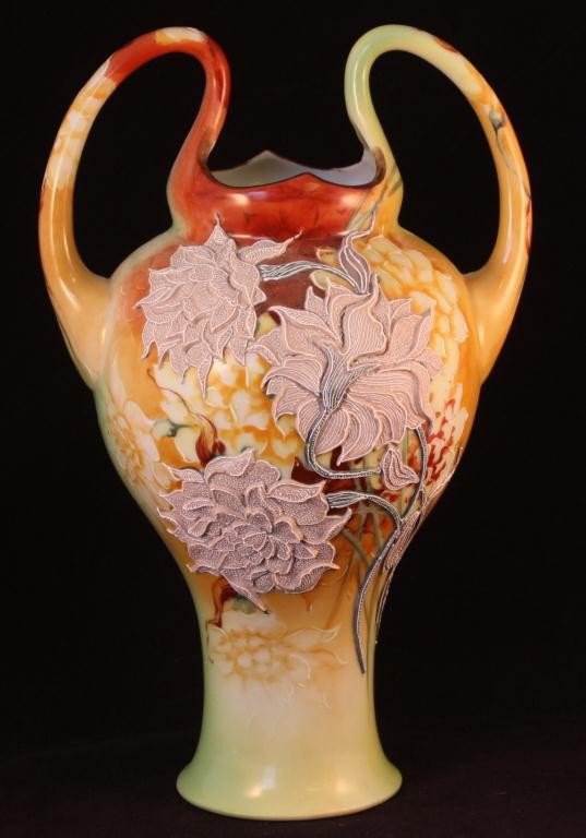 NIPPON Moriage Double Handled Vase: 10.5" tall, 6 1/4" from handle to handle, good condition with a minor chip on moriage (seen in picture)