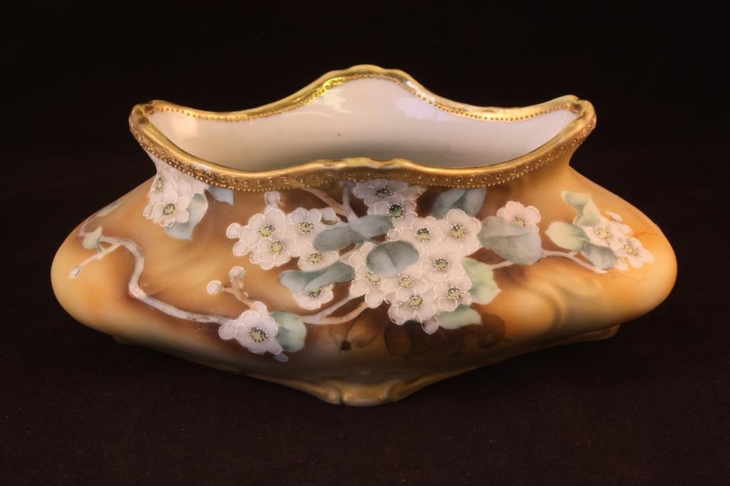 NIPPON Floral Painted on Matte Background Bowl: 8 3/4" long, 6" wide, 3 1/4" tall, gold loss on rim