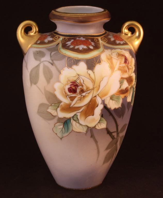 NIPPON Rose Vase: 8" tall, touch up paint on gold shoulders