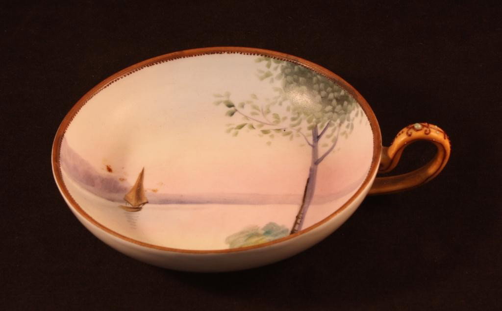 NIPPON Lake Scene Nappie with Moriage Handle: excellent condition