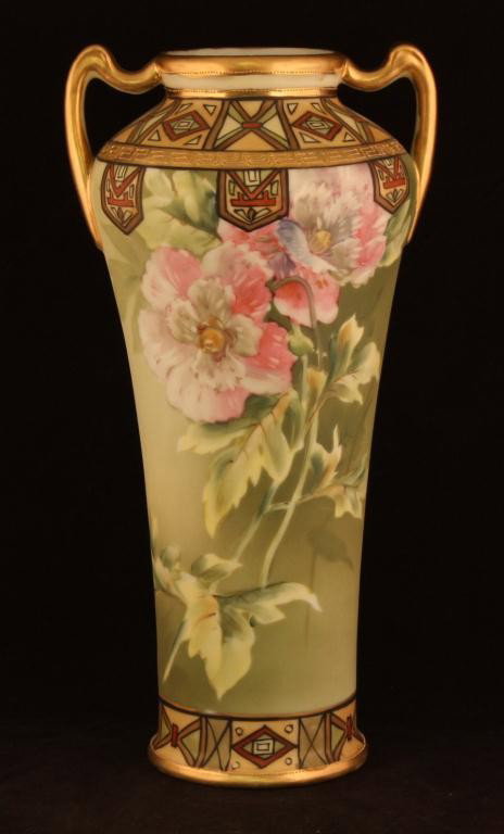 NIPPON Floral with Egyptian Style Banding: 12" tall. Beautiful flowering on matted green background. Minor gold rub on front at top of band. Mark #47.