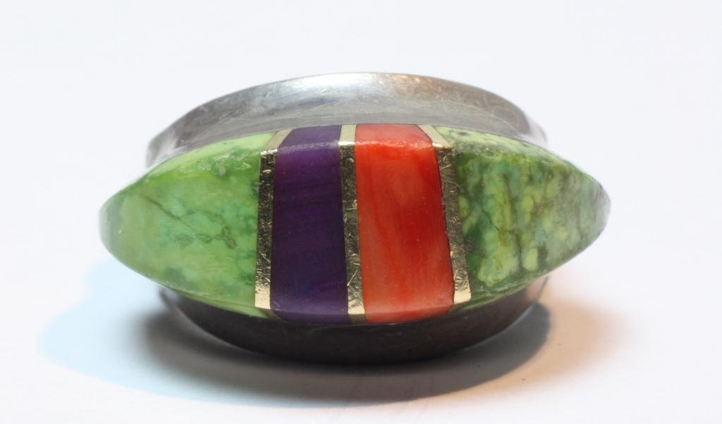 Sterling Ring w/ Turquoise, Coral, and Lapis: with spinach turquoise, coral and lapis. From Hopi Indian Tribe, Duane Maktima artist,(.29toz)