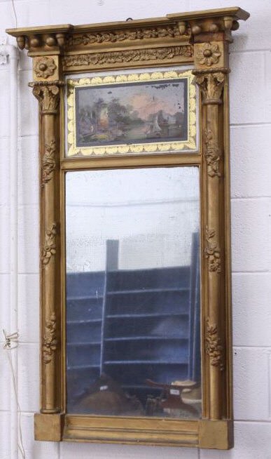 Early Scenic Hand Painted Gold Wall Mirror: 46" X 26 1/2"