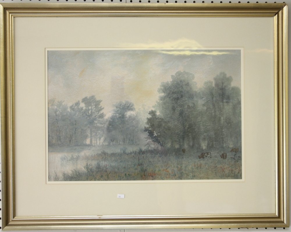 River Landscape, Opaque Watercolor: Depicting River Landscape With Trees And Cows, Signed By Kentucky Artist, Robert Burns Wilson, Circa 1875 24" x 31" including frame