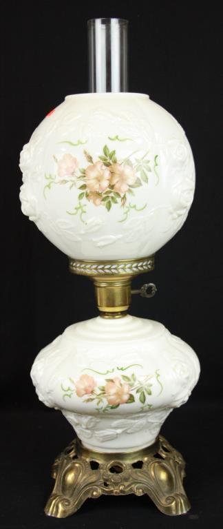 Gone With The Wind Style Lamp: White Glass Rose Lamp With Round Shade And Flower Motif. Brass Hardware And Base. Embossed Rose Design On Both Top And Bottom Of Lamp. 9 1/2D x 24T