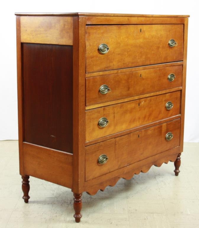 Cherry 4 Drawer Chest: Sheraton Style Cherry Chest With 4 Graduated Dovetailed Drawers, Turned Legs, Scalloped Skirt And Brass Pulls 19 1/2 x 44 1/2 x 45 1/2