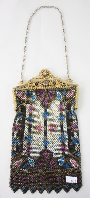Vintage Art Deco Flapper Purse: by Mandalian Mfg Co.; c. 1920 - 1930; fine quality with detailed enamel decoration at clasp; dark blues and purple colors 8.5 l x 5 w