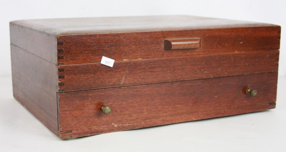 Wooden Silver Chest: Wooden Silver Box with felt lining, Dovetail construction. Top opens and there is one drawer; metal knobs. 11 x 15 x 5 1/2