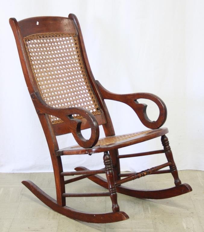 Cane Back And Bottom Wooden Rocking Chair: Caned Back And Bottom Wooden Rocking Chair, Dark Finish 32 x 20 1/2 x 39