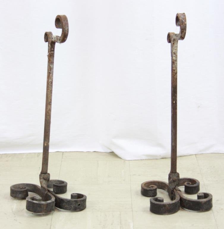Early Andirons: Early Scroll Form Andirons 8 1/2 x 7 x 22