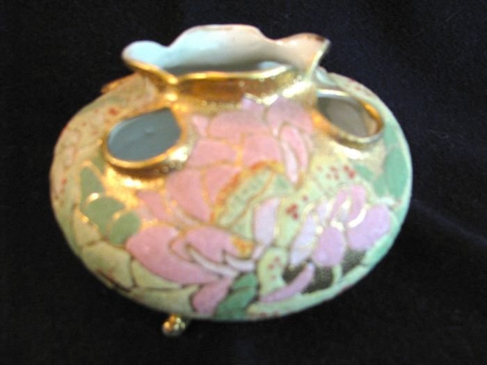 Coralene vase, footed, all-over pink and green floral. (1 of 4)