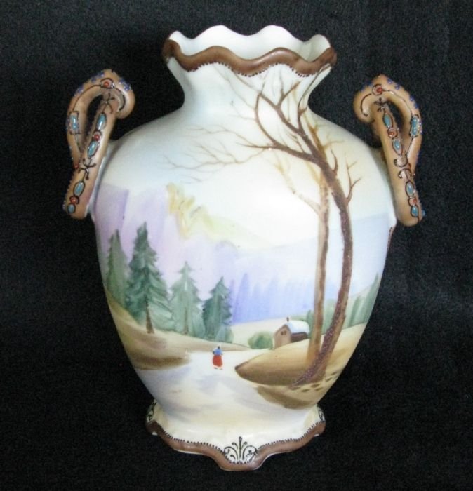 Nippon 7" Tall Vase: Mountain Scenic with Ring Handles and Enamil Accents on Handles, Green "M" in Wreath Mark, Excellent Condition