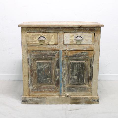 Colorful Painted Cabinet: A new painted cabinet with two drawers over two doors. Featuring metal hardware, vibrate blue and green paint with natural wood underneath and a white wash finish.