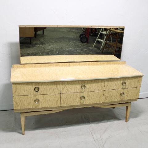White Formica Mid Century Dresser: Danish Modern style dresser from England. Has large removable mirror , 6 drawers, open splayed leg stretcher and brass colored hardware, height measurement includes mirror