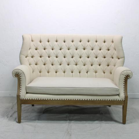 Button Tufted High Back Linen Loveseat: This is a new highback settee has button tufted linen to the front. The wood is New Zealand Pine with a natural finish.