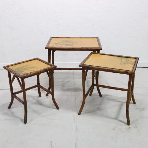 Nest of three bamboo tables: Modern set of three bamboo nesting tables with palm motif to the tops of all three tables. Measurement is for largest table, weight is for all three.